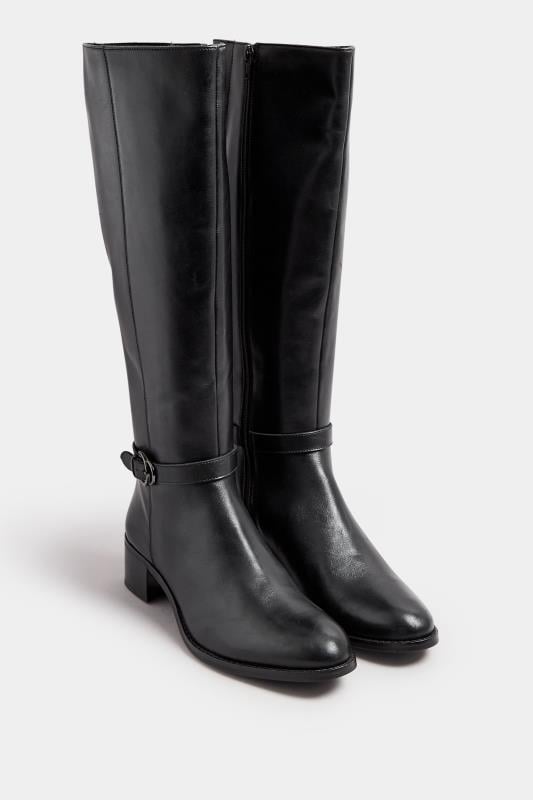 Evans LTS Black Leather Heeled Knee High Boots In Standard Fit