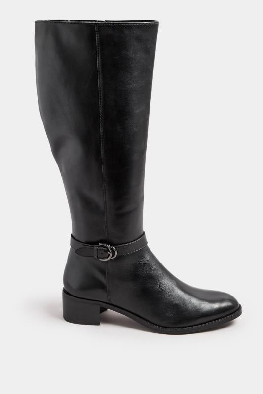 Evans LTS Black Leather Heeled Knee High Boots In Standard Fit