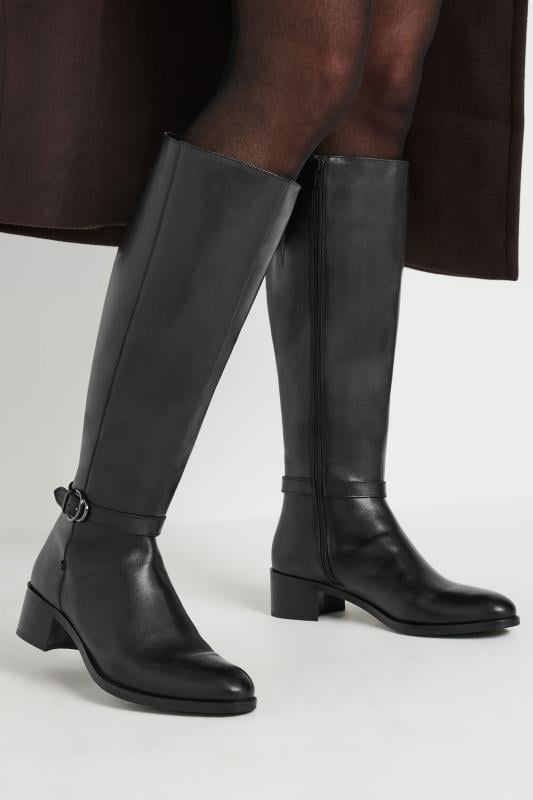 evans LTS Black Leather Heeled Knee High Boots In Standard Fit
