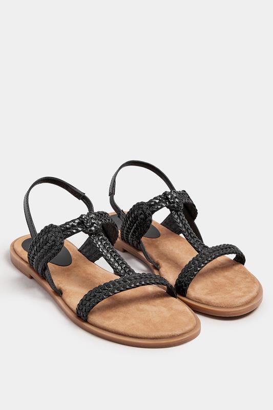 Evans LTS Black Leather Plaited Strap Sandals In Standard Fit