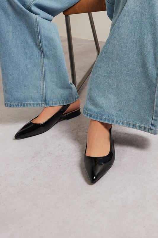 Evans LTS Black Patent Slingback Flat Shoes In Standard Fit