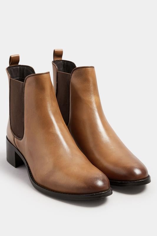 Evans LTS Brown Leather Block Heel Chelsea Boots In Standard Fit