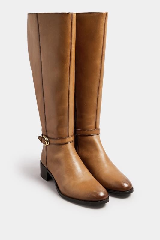 Evans LTS Brown Leather Heeled Knee High Boots In Standard Fit