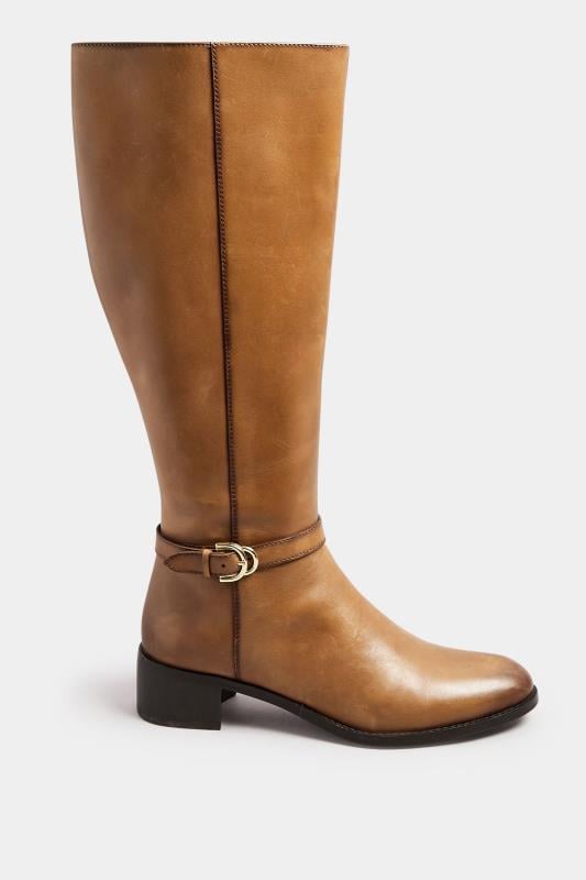 Evans LTS Brown Leather Heeled Knee High Boots In Standard Fit
