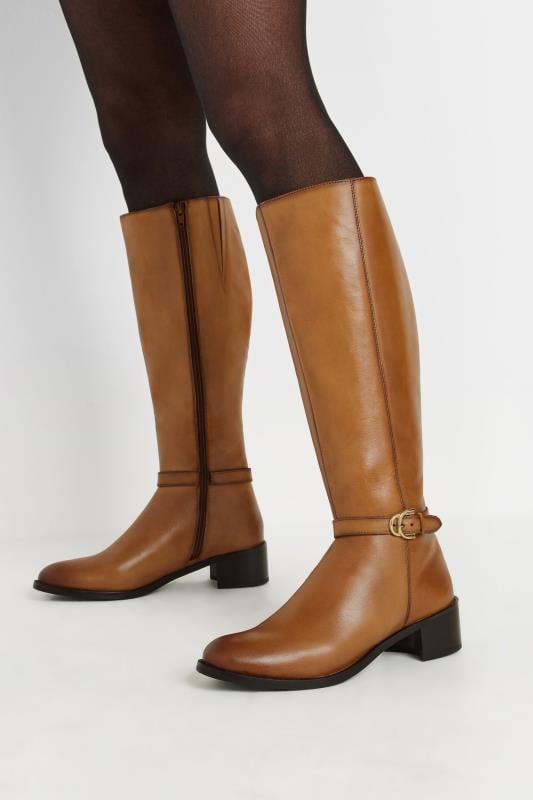 evans LTS Brown Leather Heeled Knee High Boots In Standard Fit