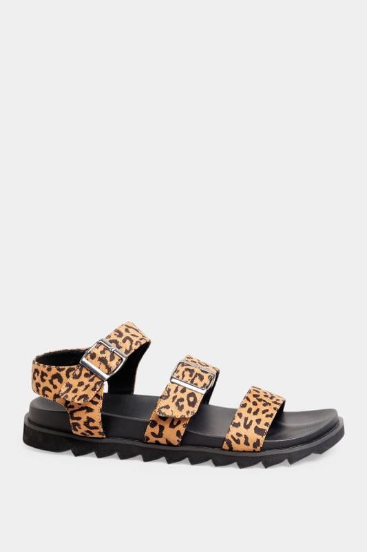 Evans LTS Brown Leopard Print Buckle Strap Sandals In Wide E Fit