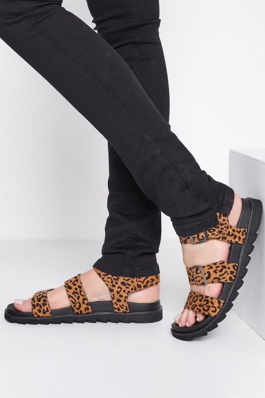 evans LTS Brown Leopard Print Buckle Strap Sandals In Wide E Fit