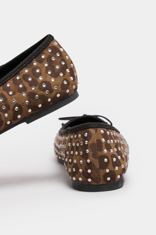 Evans LTS Brown Leopard Print Faux Suede Diamante Ballerina Pumps In Standard Fit