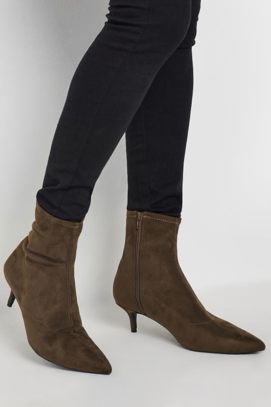 evans LTS Chocolate Brown Faux Suede Kitten Heeled Boots In Standard Fit