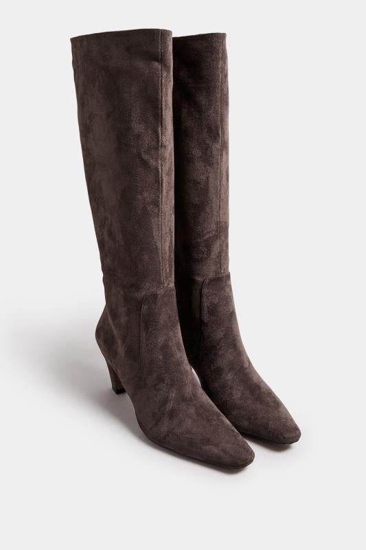 Evans LTS Chocolate Brown Faux Suede Knee High Boots In Standard Fit