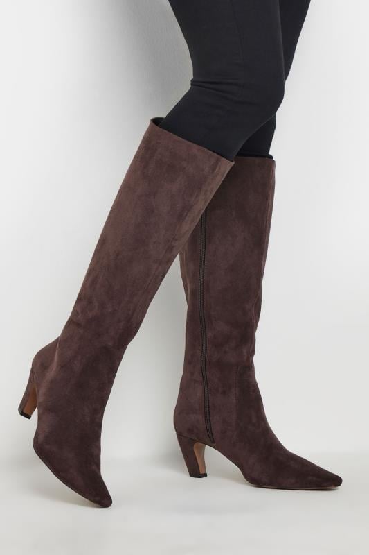evans LTS Chocolate Brown Faux Suede Knee High Boots In Standard Fit