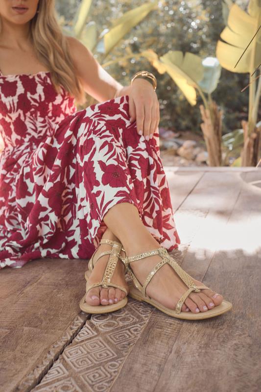 evans LTS Gold Leather Snake Strap Flat Sandals In Standard Fit