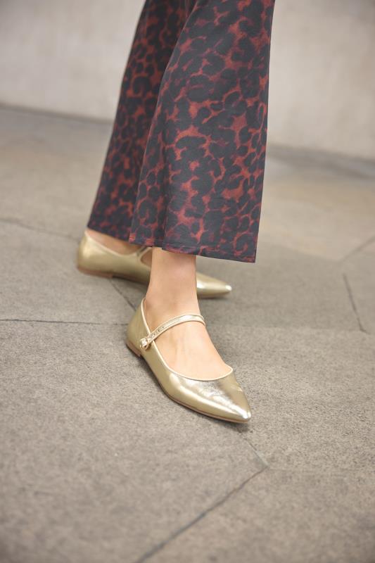 evans LTS Gold Mary Jane Point Flats In Standard Fit