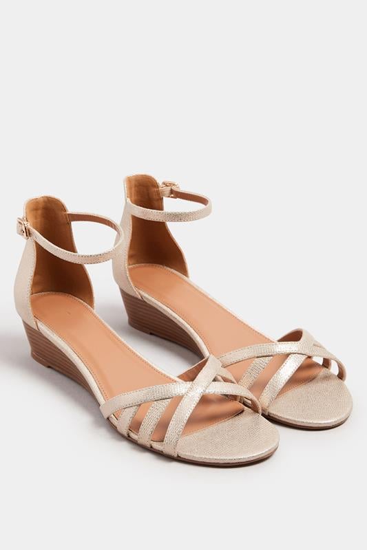Evans LTS Gold Mid Heel Wedge Sandals In Standard Fit