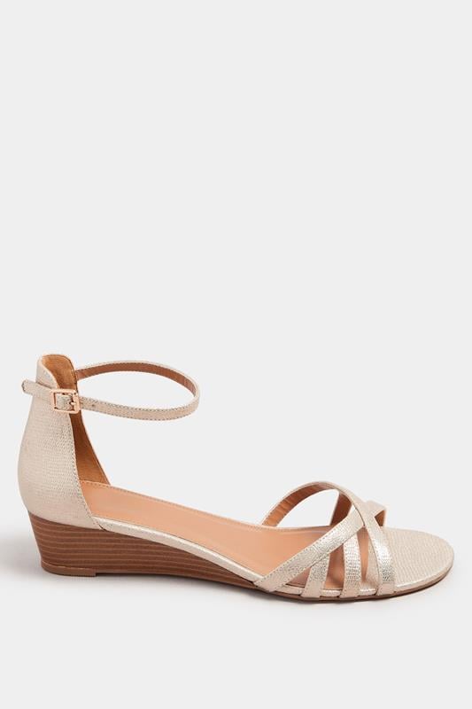 Evans LTS Gold Mid Heel Wedge Sandals In Standard Fit