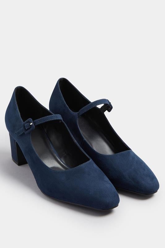Evans LTS Navy Blue Faux Suede Mary Jane Block Heel In Standard Fit