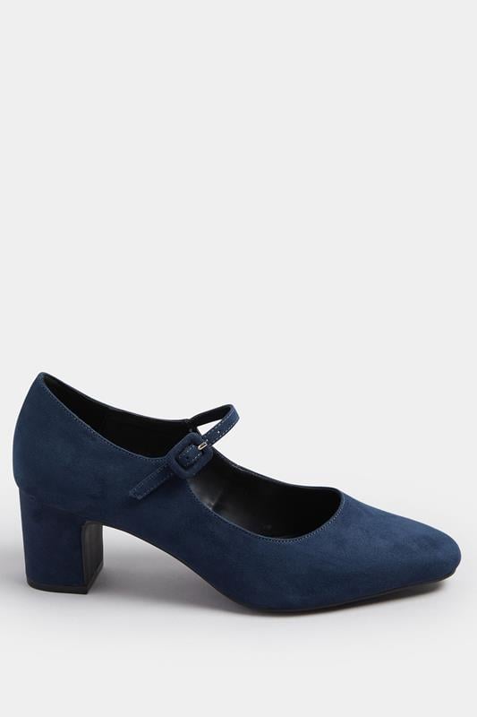 Evans LTS Navy Blue Faux Suede Mary Jane Block Heel In Standard Fit