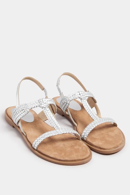 Evans LTS Silver Leather Plaited Strap Sandals In Standard Fit