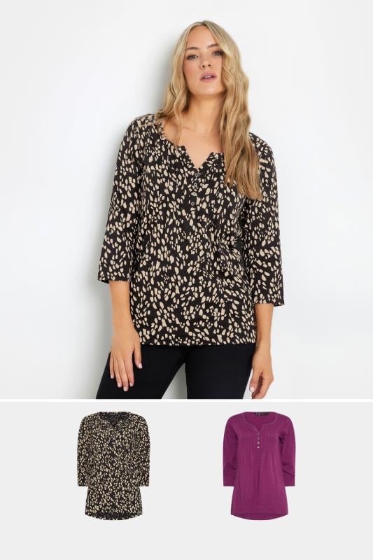 evans LTS Tall 2 PACK Beige Brown & Dark Pink Henley Tops