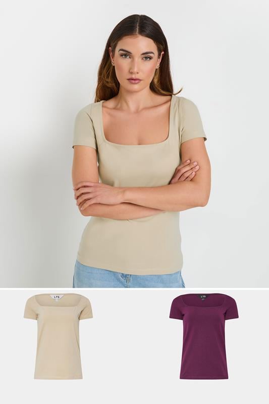 evans LTS Tall 2 PACK Beige Brown & Red Fitted Square Neck Tops
