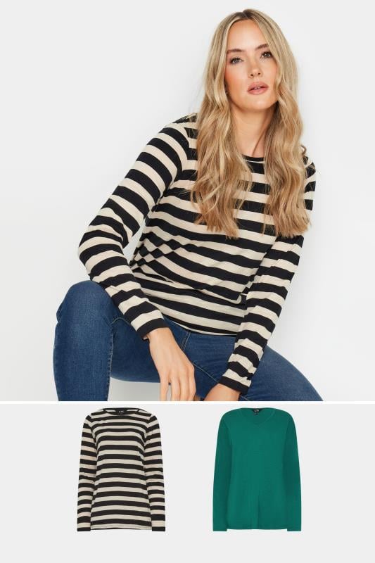 evans LTS Tall 2 PACK Black & Green Stripe Long Sleeve T-shirt Tops