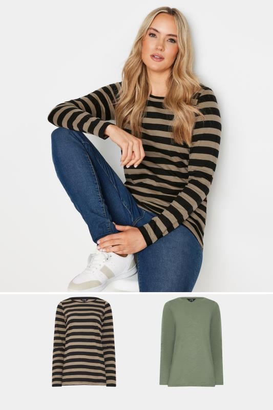 evans LTS Tall 2 PACK Black & Khaki Green Stripe Long Sleeve T-shirt Tops