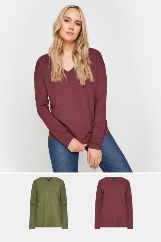 evans LTS Tall 2 PACK Burgundy Red & Khaki Green Long Sleeve T-Shirts