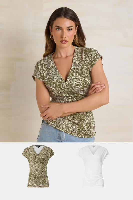evans LTS Tall 2 PACK Green & White Floral Grown Sleeve Wrap Tops