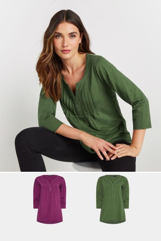 evans LTS Tall 2 PACK Khaki Green & Dark Pink Henley Tops