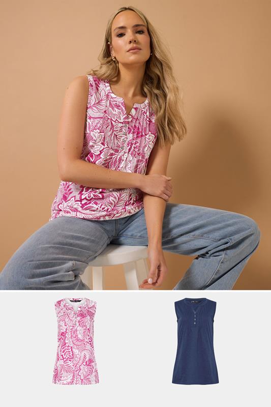 evans LTS Tall 2 PACK Navy Blue & Pink Floral Henley Vest Tops