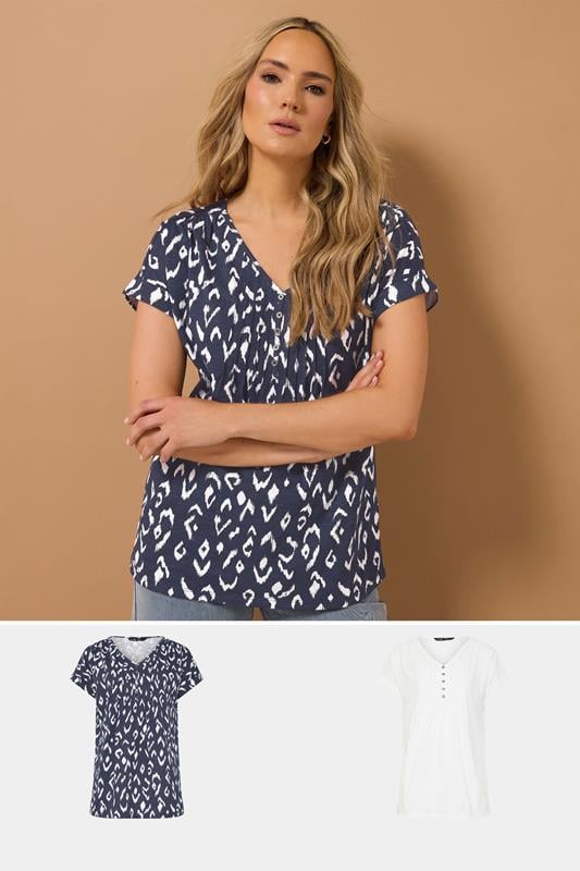 evans LTS Tall 2 PACK Navy Blue & White Abstract Cotton Henley Tops