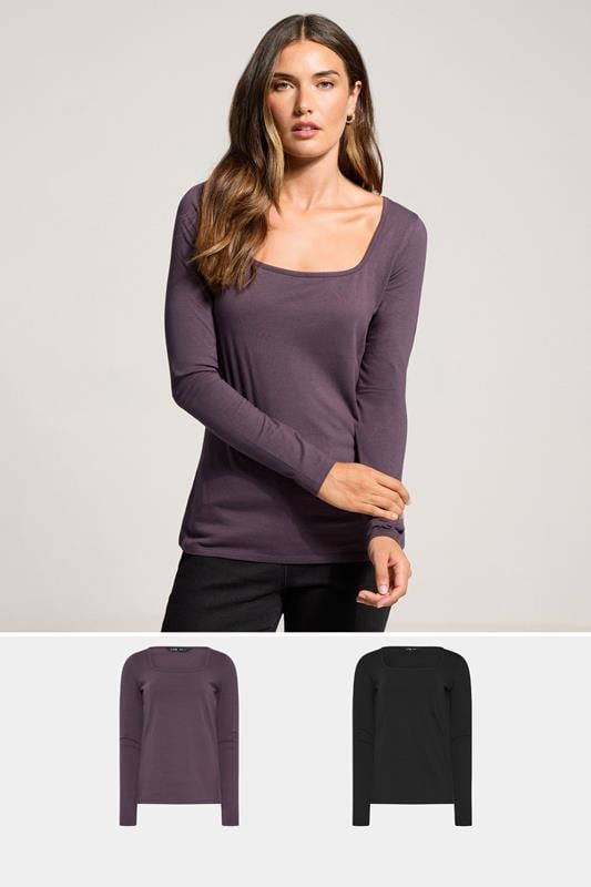 evans LTS Tall 2 PACK Purple & Black Square Neck Tops