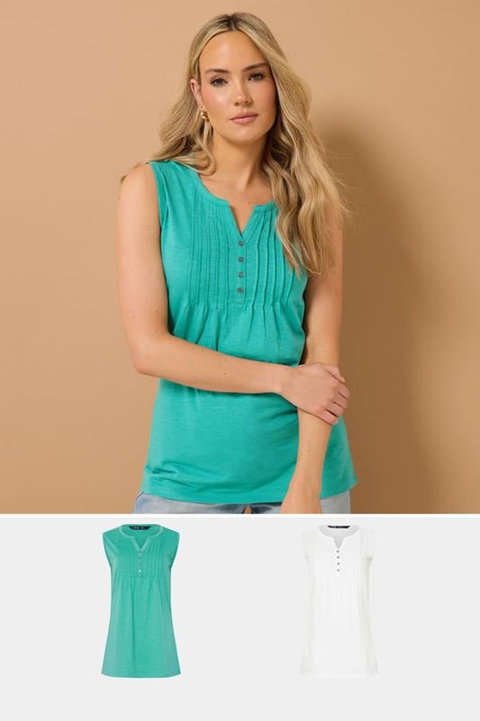 evans LTS Tall 2 PACK Turquoise Green & White Henley Vest Tops