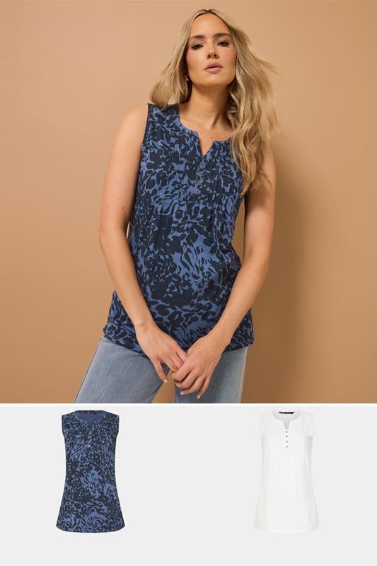 evans LTS Tall 2 PACK White & Navy Blue Abstract Leaf Henley Vest Tops