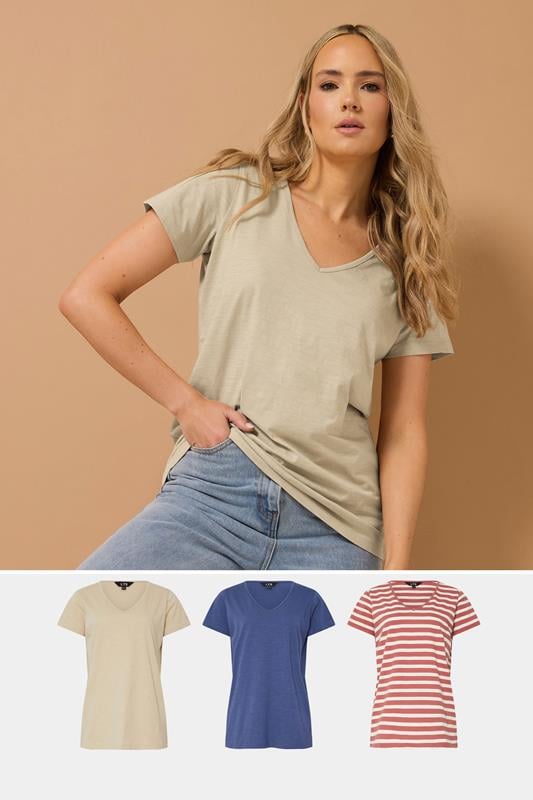 evans LTS Tall 3 PACK Blue & Coral Orange Stripe V-Neck T-Shirts