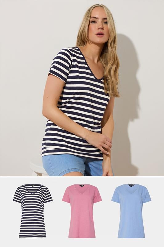 evans LTS Tall 3 PACK Blue & Pink Stripe V-Neck T-Shirts