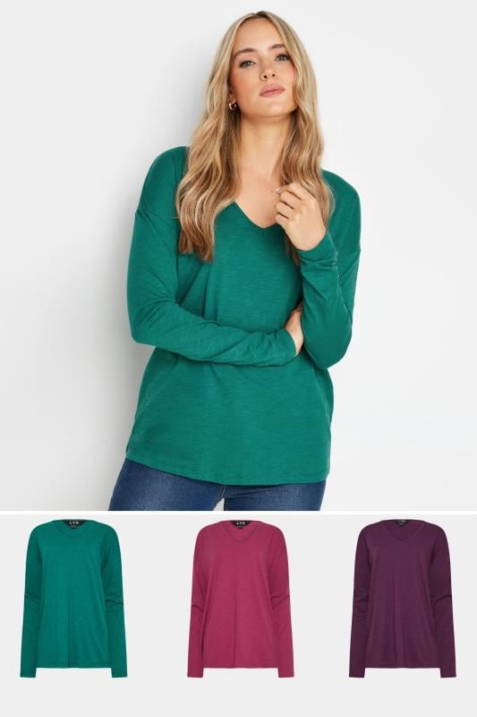 evans LTS Tall 3 Pack Pink & Purple V-Neck Long Sleeve T-Shirts