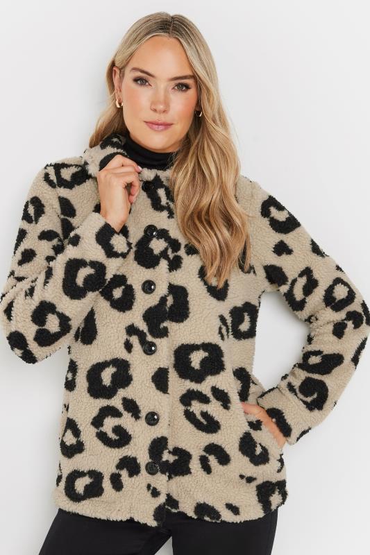 Evans LTS Tall Beige Brown Animal Print Teddy Fleece Jacket