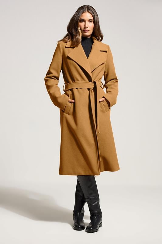 evans LTS Tall Beige Brown Formal Wrap Belted Midi Coat