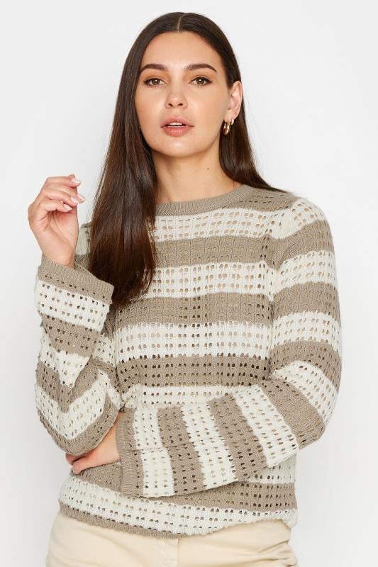 evans LTS Tall Beige Brown & Ivory White Stripe Crochet Jumper
