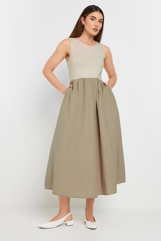 Evans LTS Tall Beige Brown Jersey & Woven Mix Fabric Midi Dress
