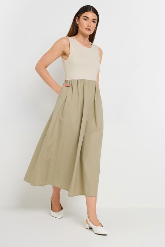 Evans LTS Tall Beige Brown Jersey & Woven Mix Fabric Midi Dress