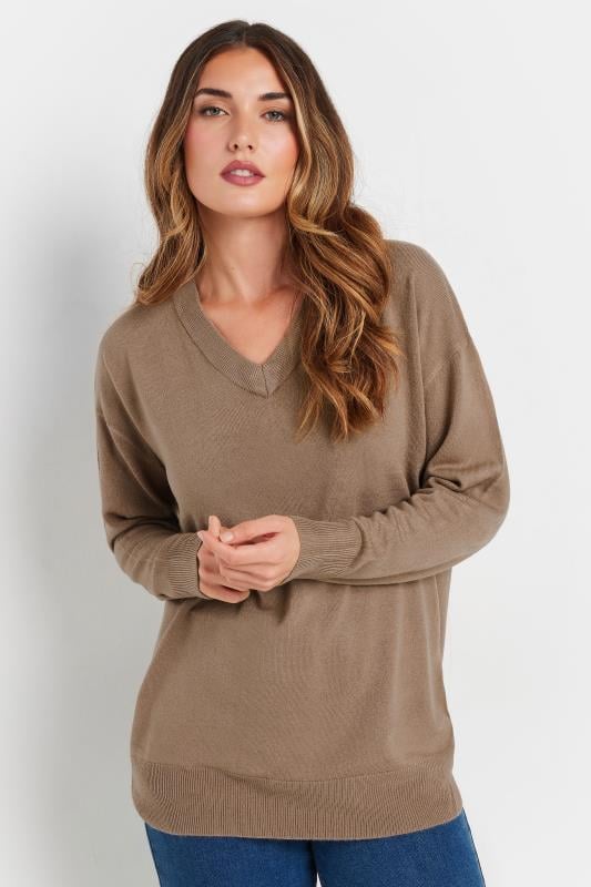 Evans LTS Tall Beige Brown Long Sleeve V-Neck Jumper