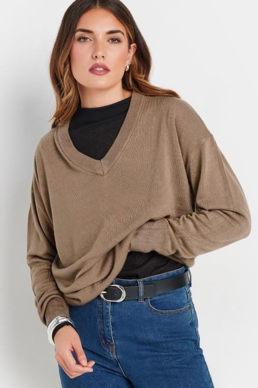 evans LTS Tall Beige Brown Long Sleeve V-Neck Jumper