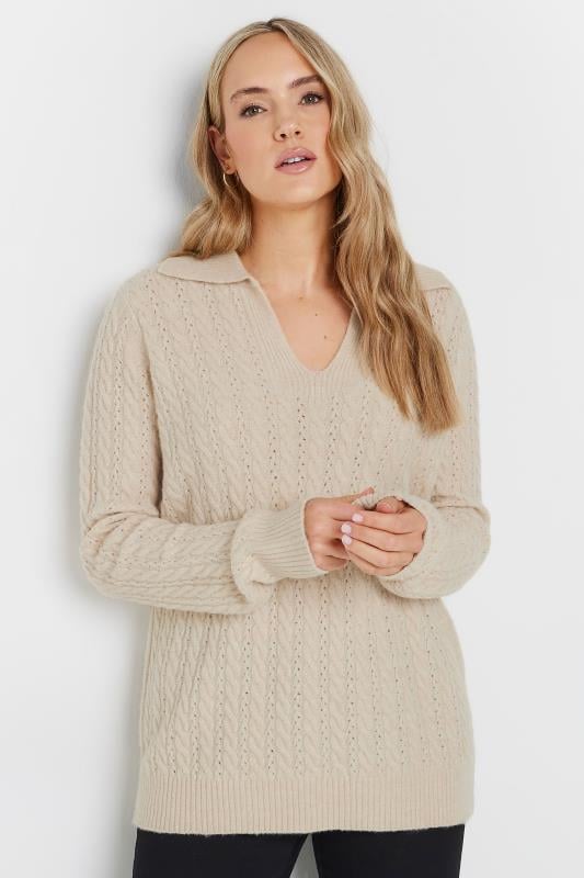 evans LTS Tall Beige Brown Open Collar Cable Knit Jumper