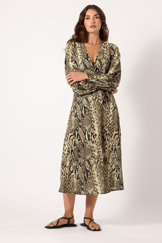 evans LTS Tall Beige Brown Snake Print Wrap Midi Dress