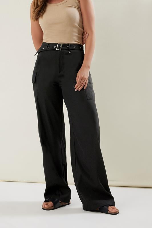 Evans LTS Tall Black Belted Wide Leg Cargo Trousers