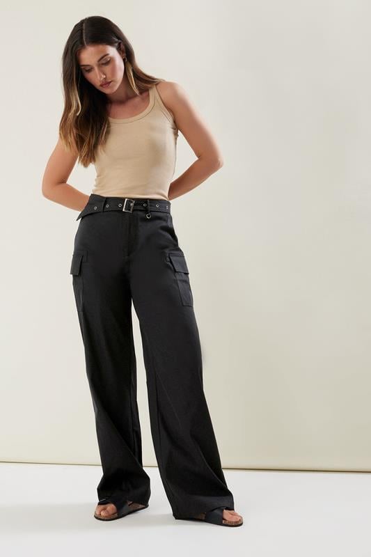 evans LTS Tall Black Belted Wide Leg Cargo Trousers