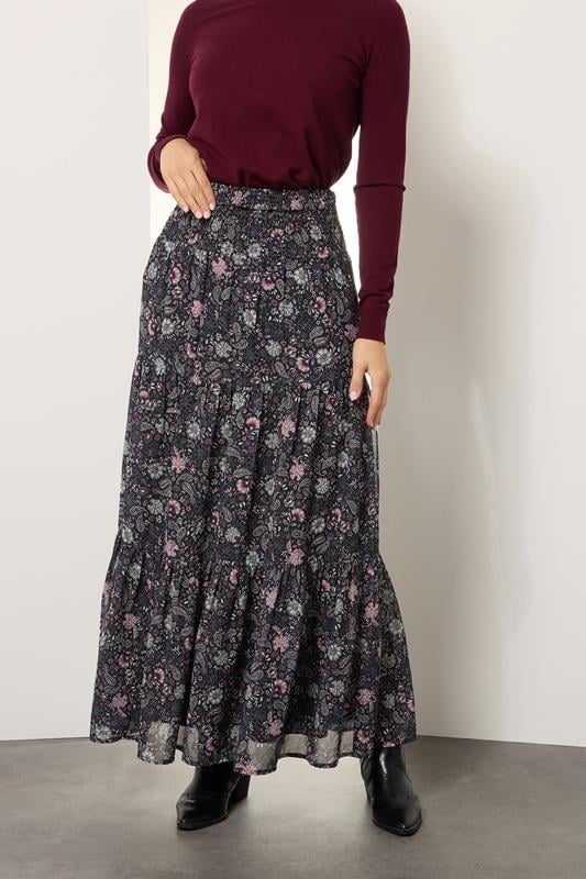 Evans LTS Tall Black Chiffon Paisley Tiered Maxi Skirt