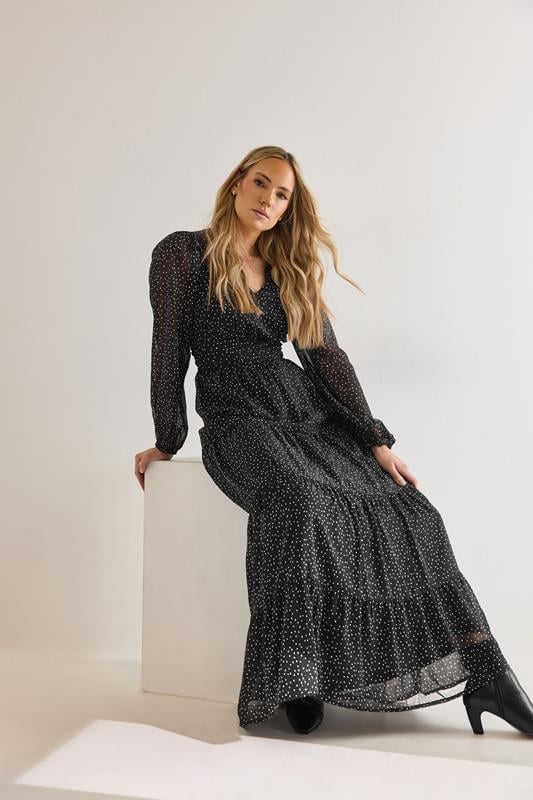 Evans LTS Tall Black Chiffon Spot Tiered Maxi Dress